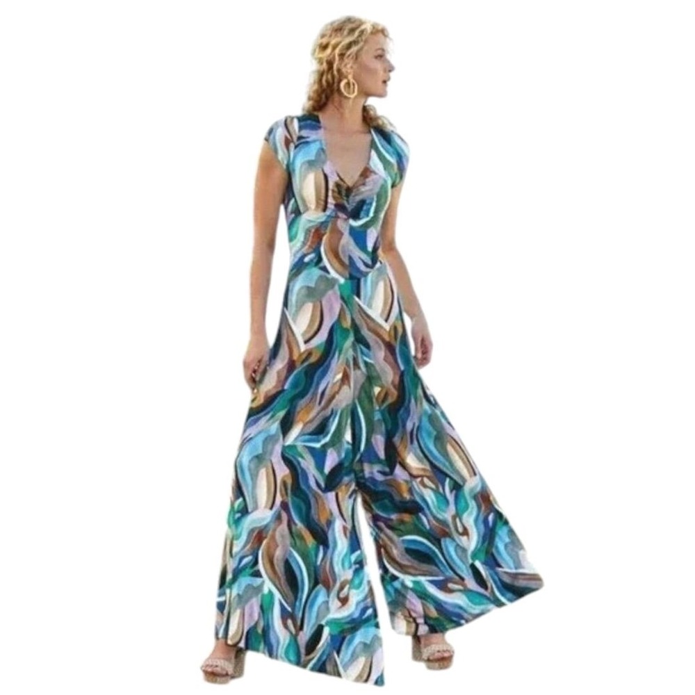 Soft Surroundings Artinique Abstract Print Wide Leg Jumpsuit Cap Sleeve S Tall